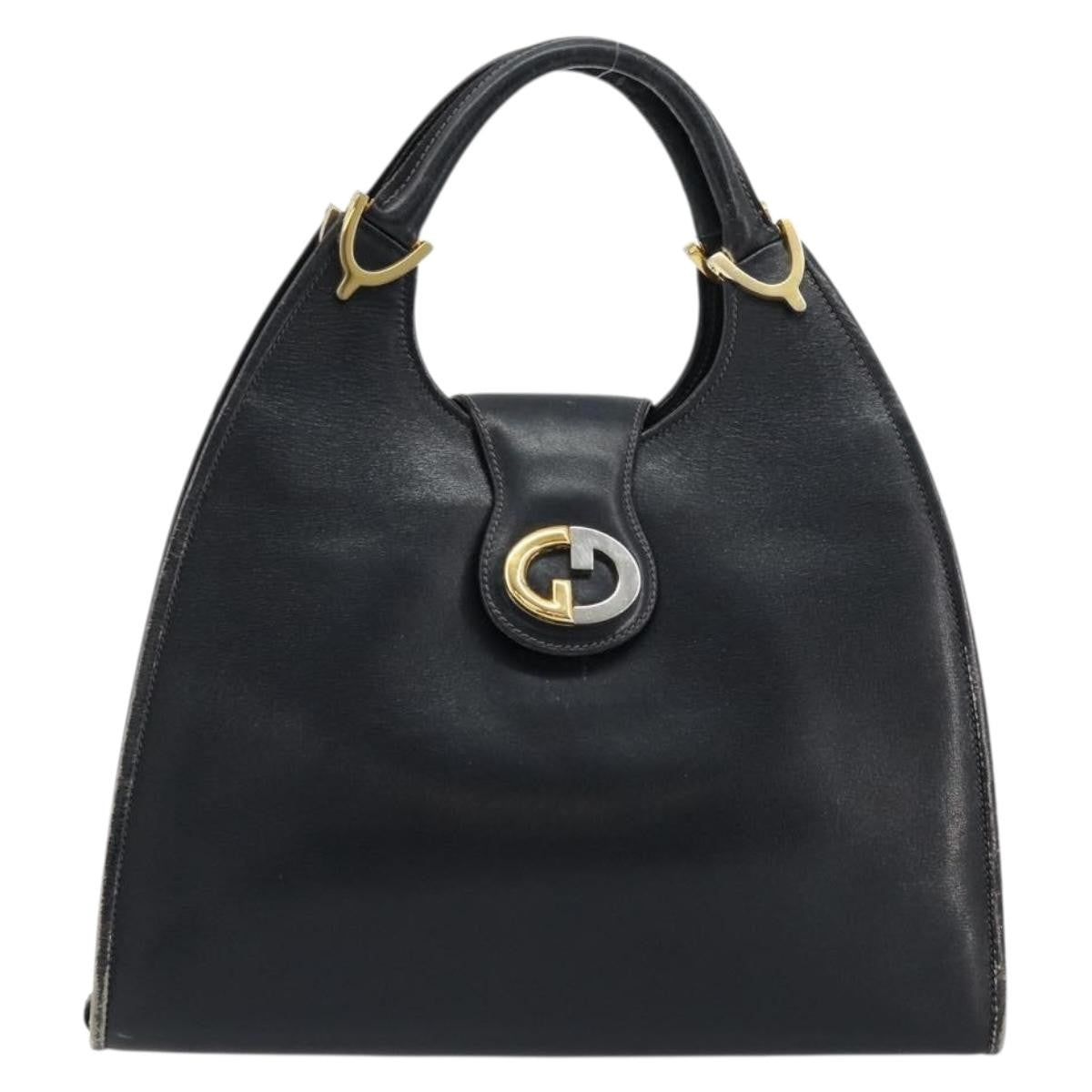 Gucci GUCCI Hand Bag Leather Navy Gold Authentic 177664