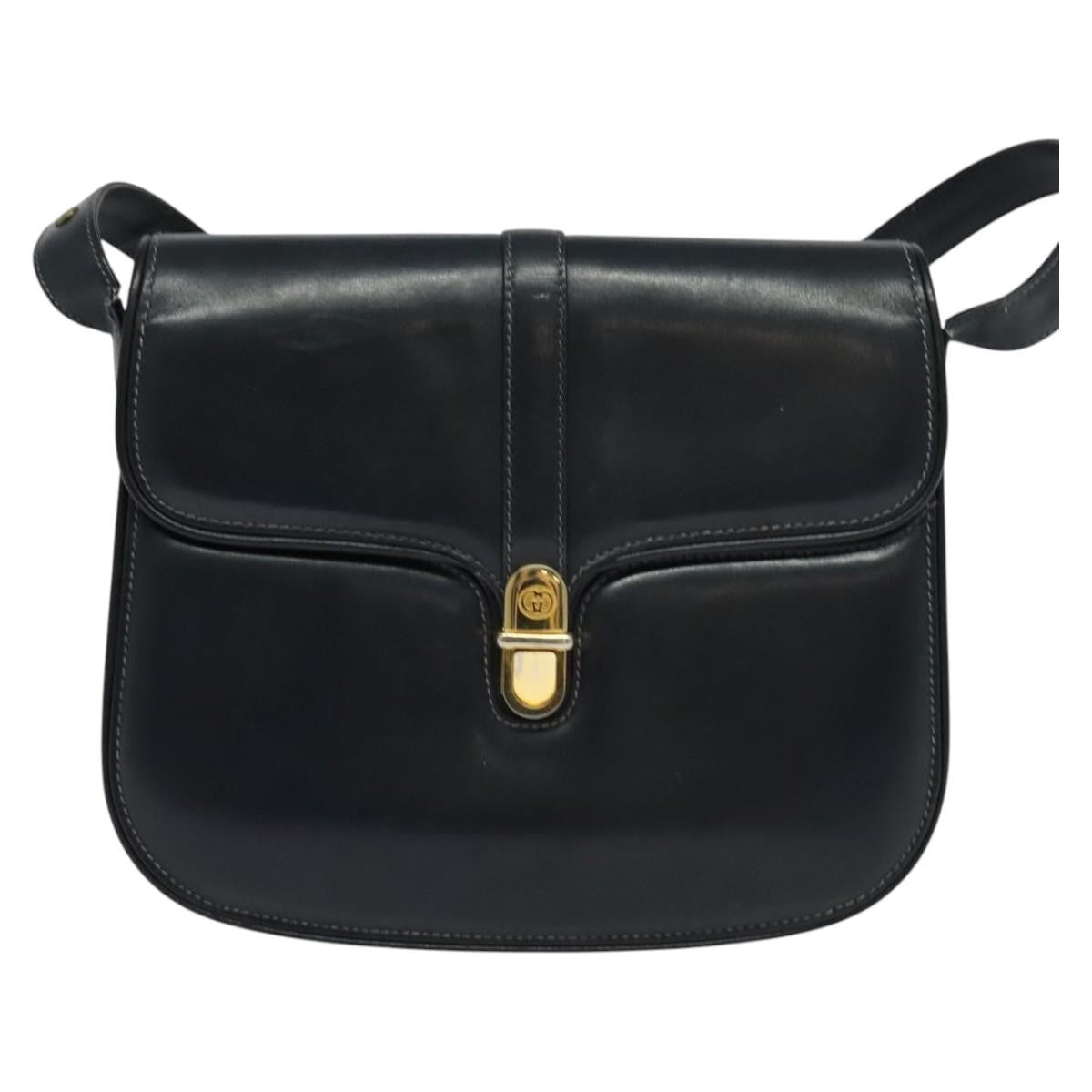 Gucci GUCCI Shoulder Bag Leather Navy Gold Authentic ep8402