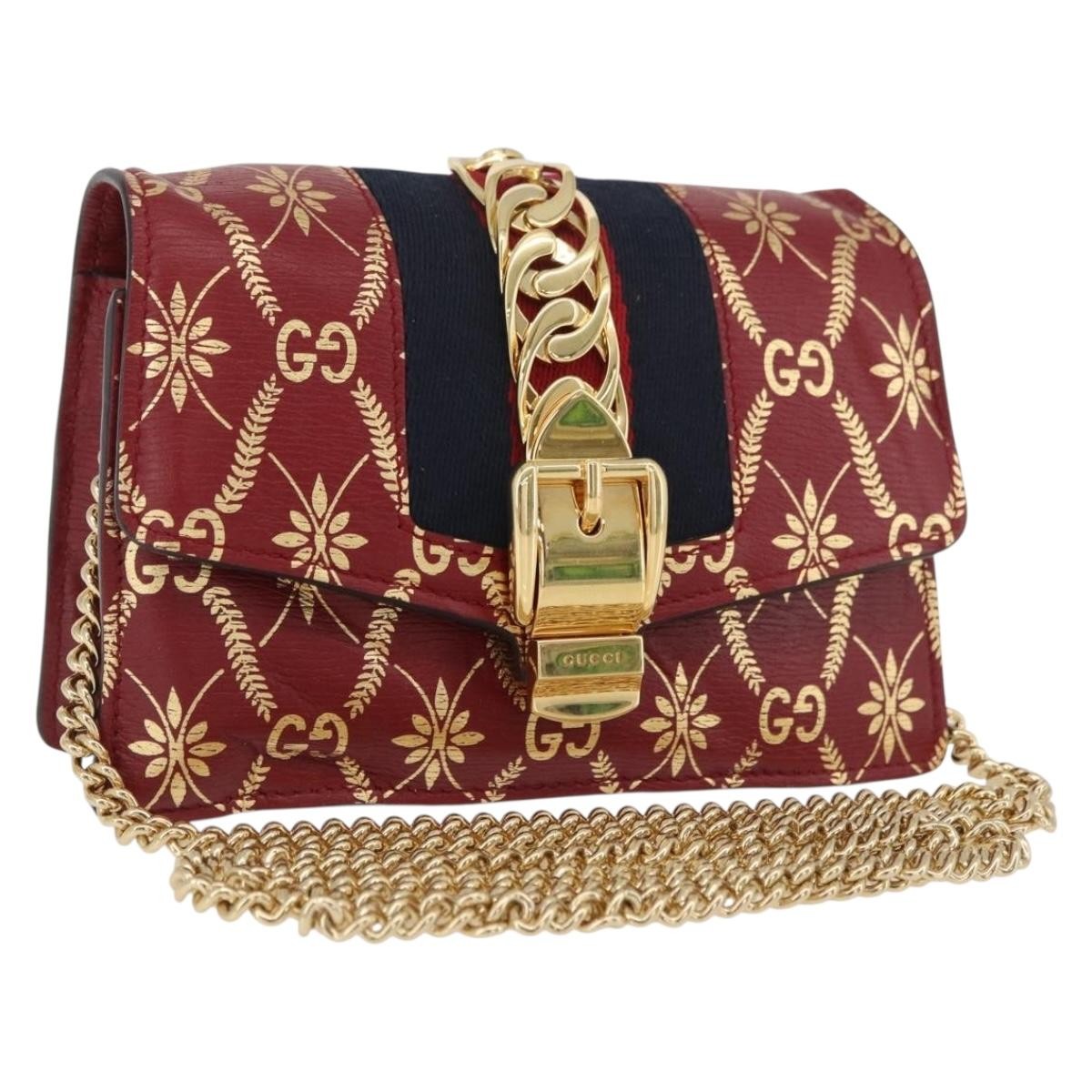 Gucci GUCCI GG Canvas Sylvie Sherry Line Chain Bag Leather Red 494646 Authentic BAZ806A