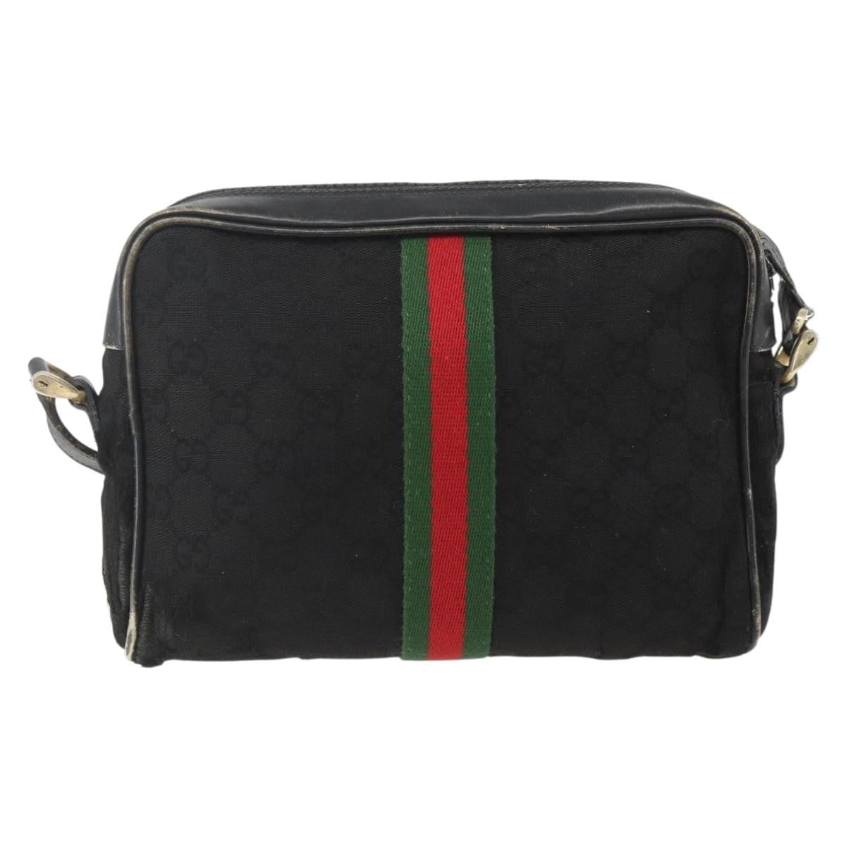 Gucci GUCCI GG Canvas Web Sherry Line Shoulder Bag Black Gold Authentic 158418