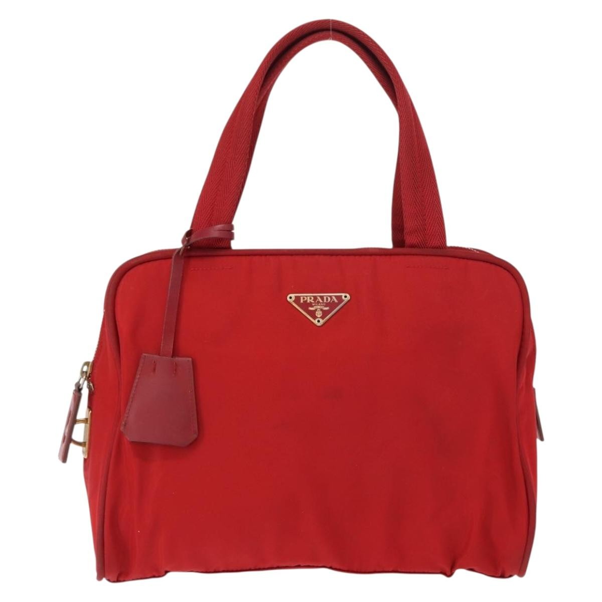 Prada PRADA Hand Bag Nylon Red Gold Authentic ki6141