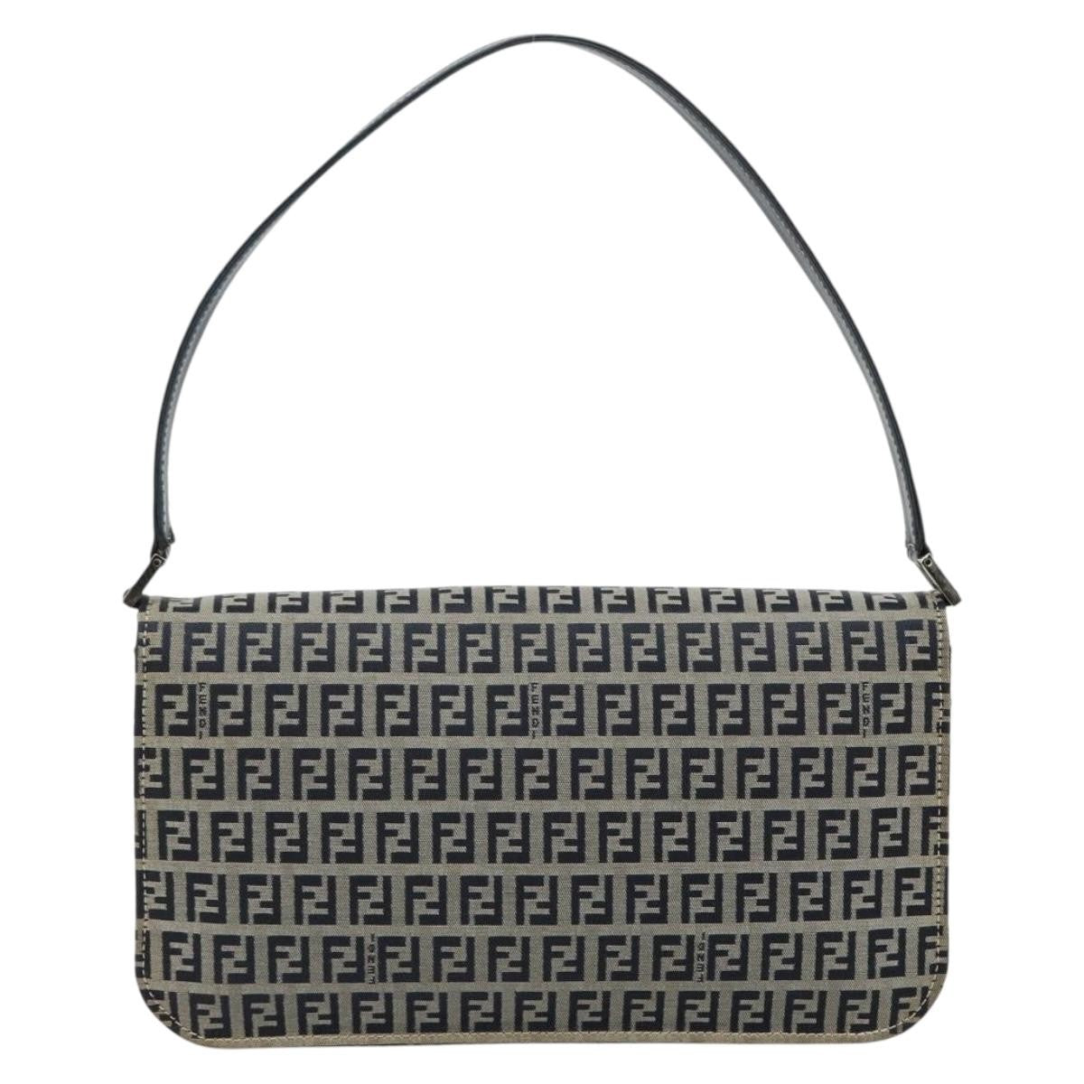 Fendi FENDI Zucchino Canvas Shoulder Bag Navy Silver Authentic 182201V