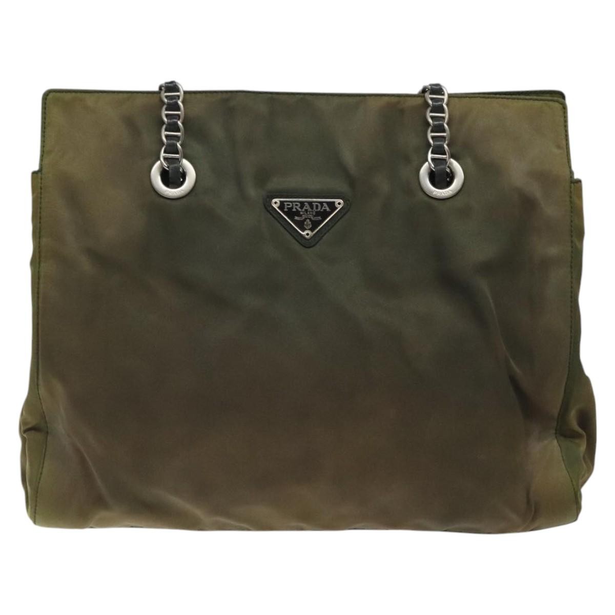 Prada PRADA Chain Shoulder Bag Nylon Khaki Silver Authentic 120140