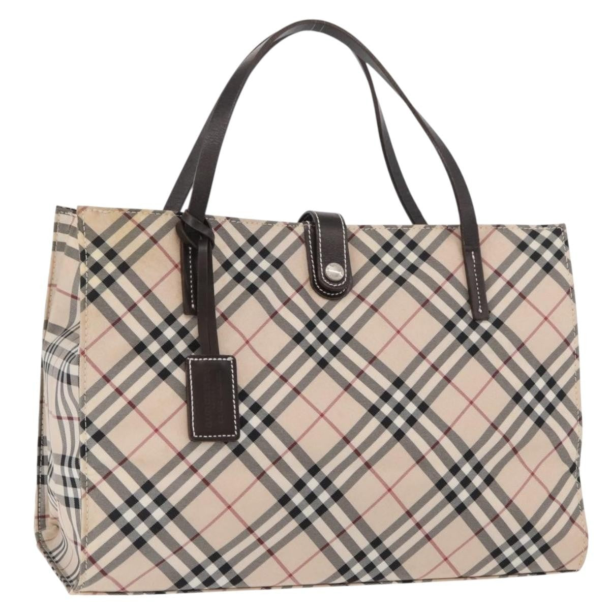 Burberry BURBERRY Nova Check Blue Label Hand Bag Nylon Beige Silver Authentic bs34396