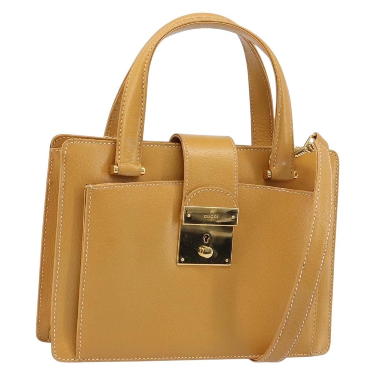 Gucci GUCCI Hand Bag Leather 2way Beige Gold Authentic 173886