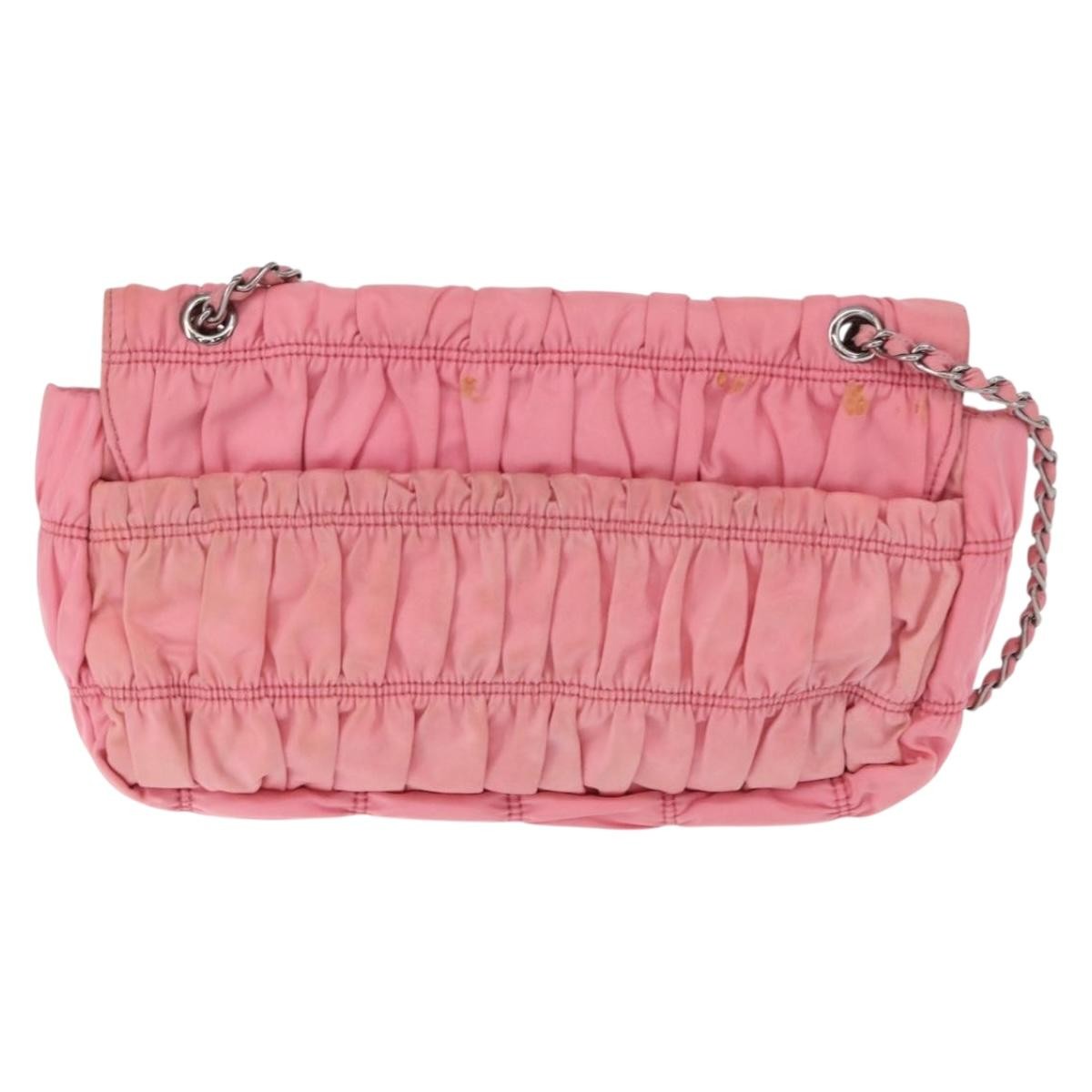Prada PRADA Gathered Chain Shoulder Bag Nylon Pink Silver Authentic 161419