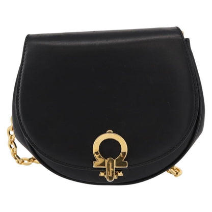 Salvatore Ferragamo Salvatore Ferragamo Chain Gancini Shoulder Bag Leather Black Gold Authentic 161032