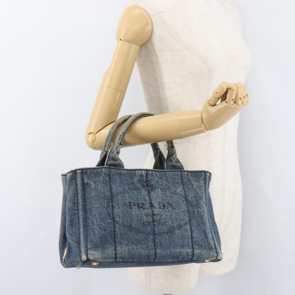 Prada PRADA Canapa PM Hand Bag Denim Blue Gold Authentic bs34435