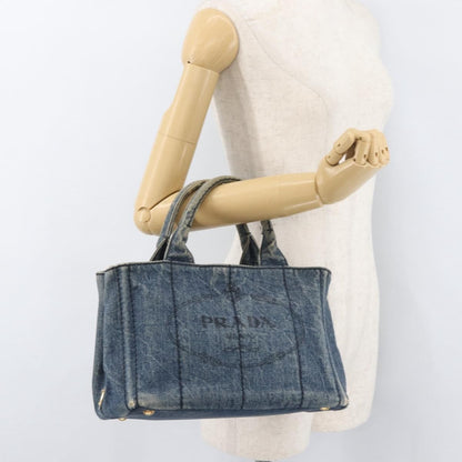 Prada PRADA Canapa PM Hand Bag Denim Blue Gold Authentic bs34435