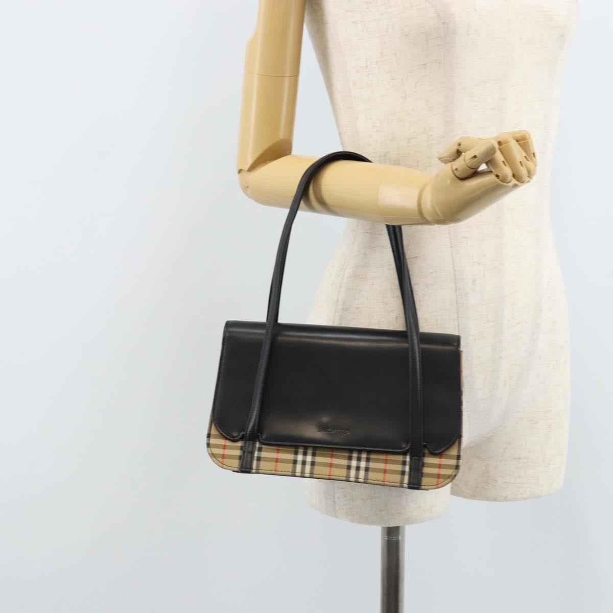 Burberrys Burberrys Nova Check Hand Bag Leather Black Silver Authentic ep13393