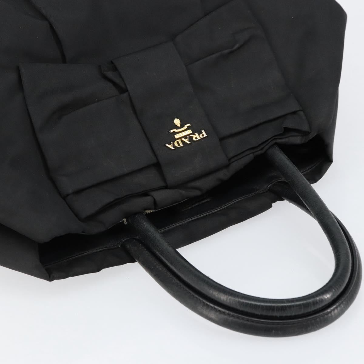 Prada PRADA ribbon Hand Bag Nylon Leather Black Gold Authentic 153236
