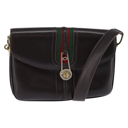 Gucci GUCCI Web Sherry Line Shoulder Bag Leather Dark Brown Gold Red Authentic ep11429