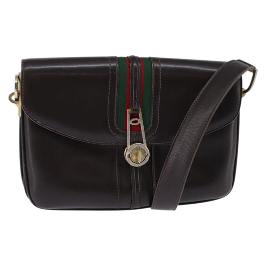 Gucci GUCCI Web Sherry Line Shoulder Bag Leather Dark Brown Gold Red Authentic ep11429