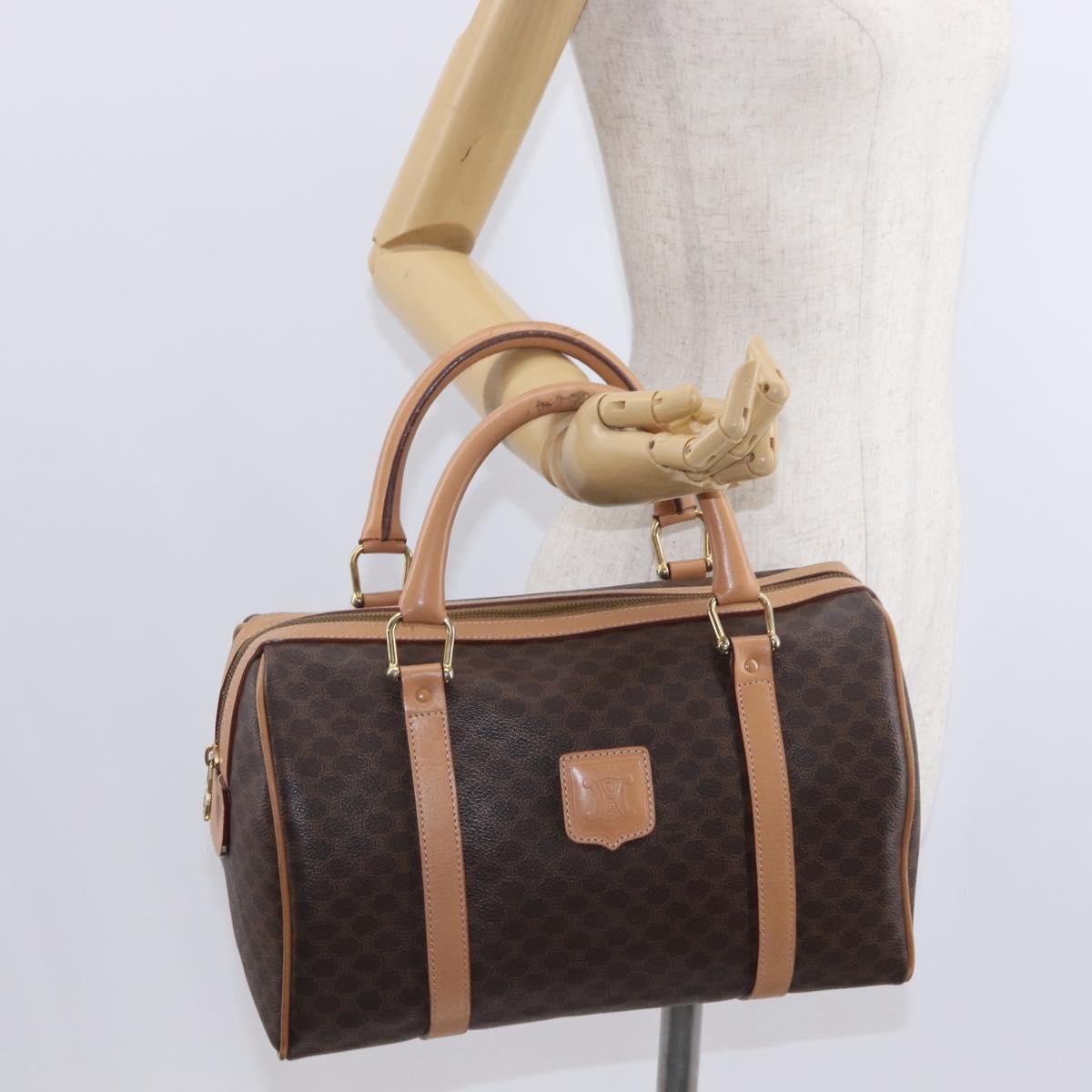 Celine CELINE Macadam Canvas Boston Bag PVC Brown Gold Authentic 152724