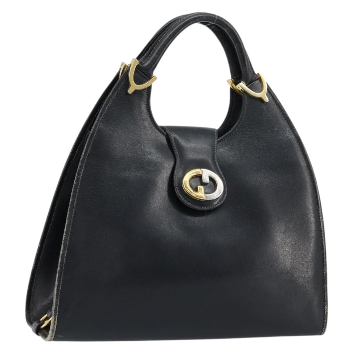 Gucci GUCCI Hand Bag Leather Navy Gold Authentic 177664