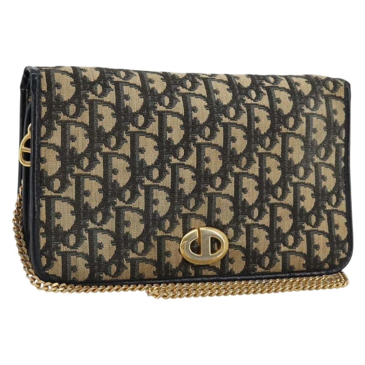 Dior Christian Dior Trotter Canvas Chain Shoulder Bag Navy Gold Authentic fm5340