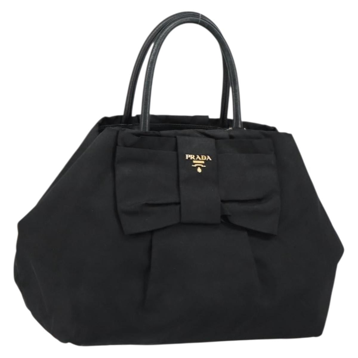 Prada PRADA ribbon Hand Bag Nylon Leather Black Gold Authentic 153236