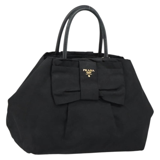 Prada PRADA ribbon Hand Bag Nylon Leather Black Gold Authentic 153236