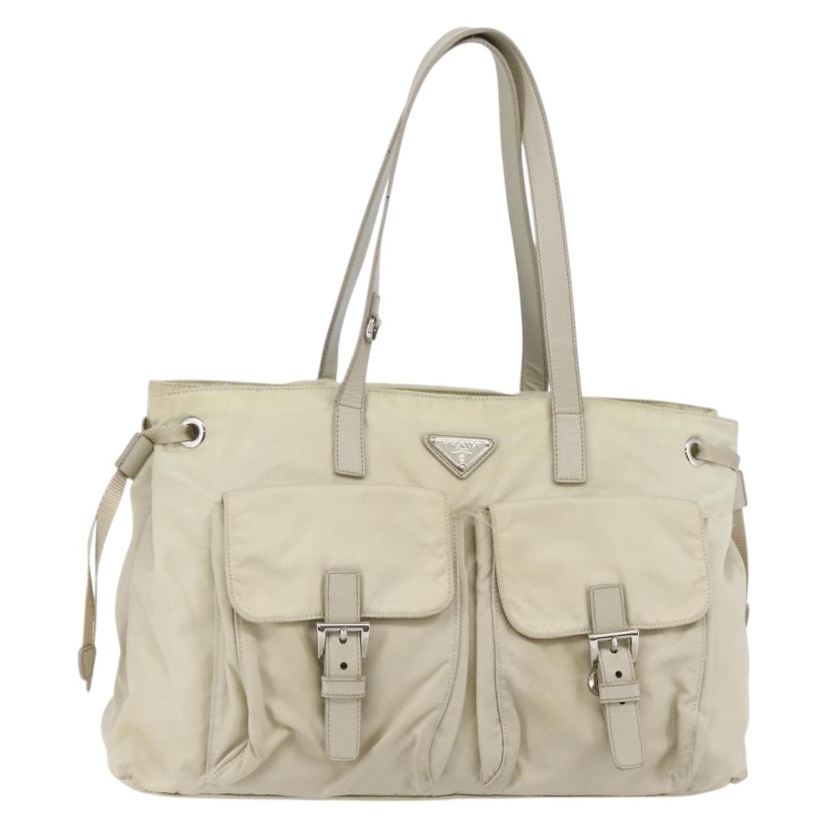 Prada PRADA Tote Bag Nylon Beige Silver Authentic mr1510