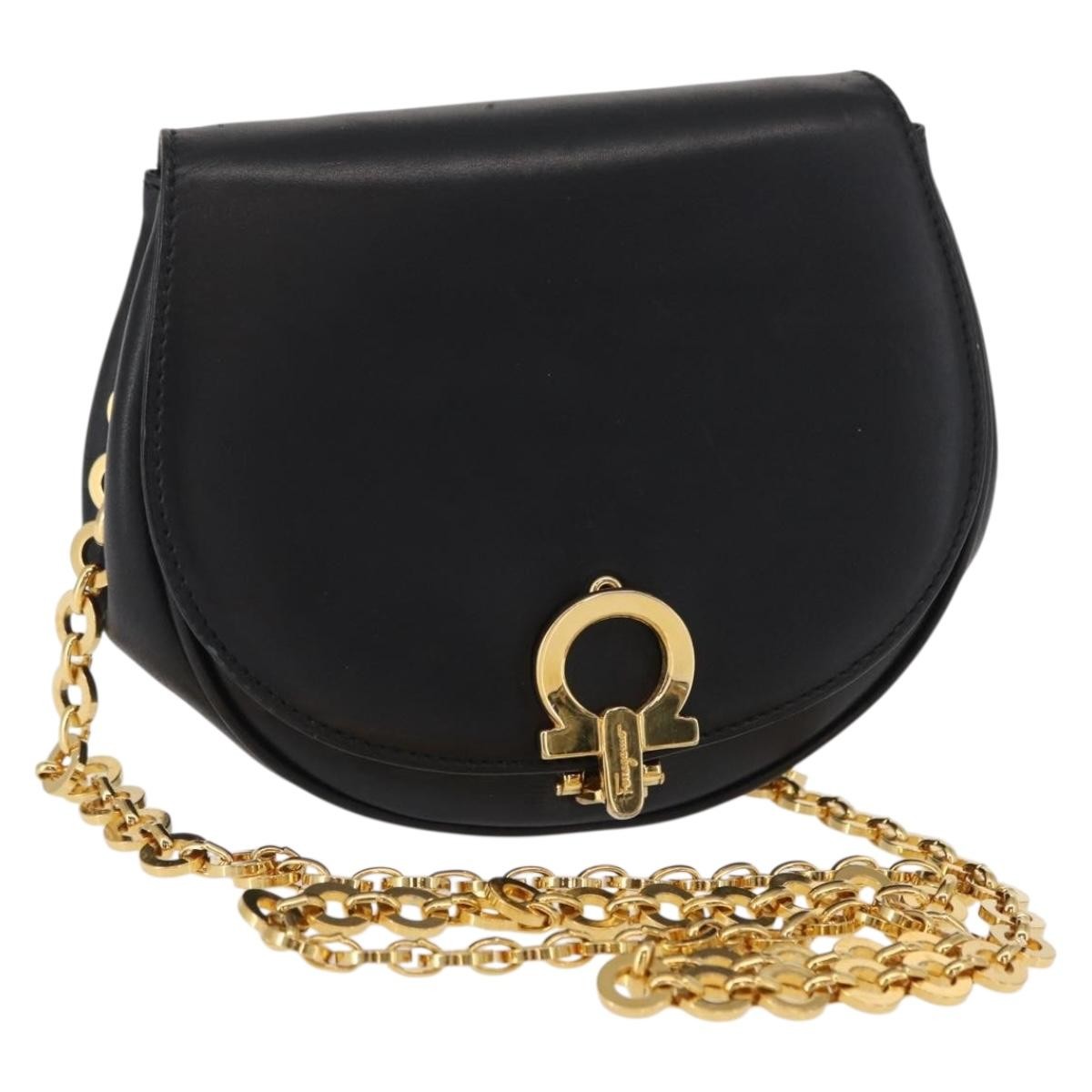 Salvatore Ferragamo Salvatore Ferragamo Chain Gancini Shoulder Bag Leather Black Gold Authentic 161032