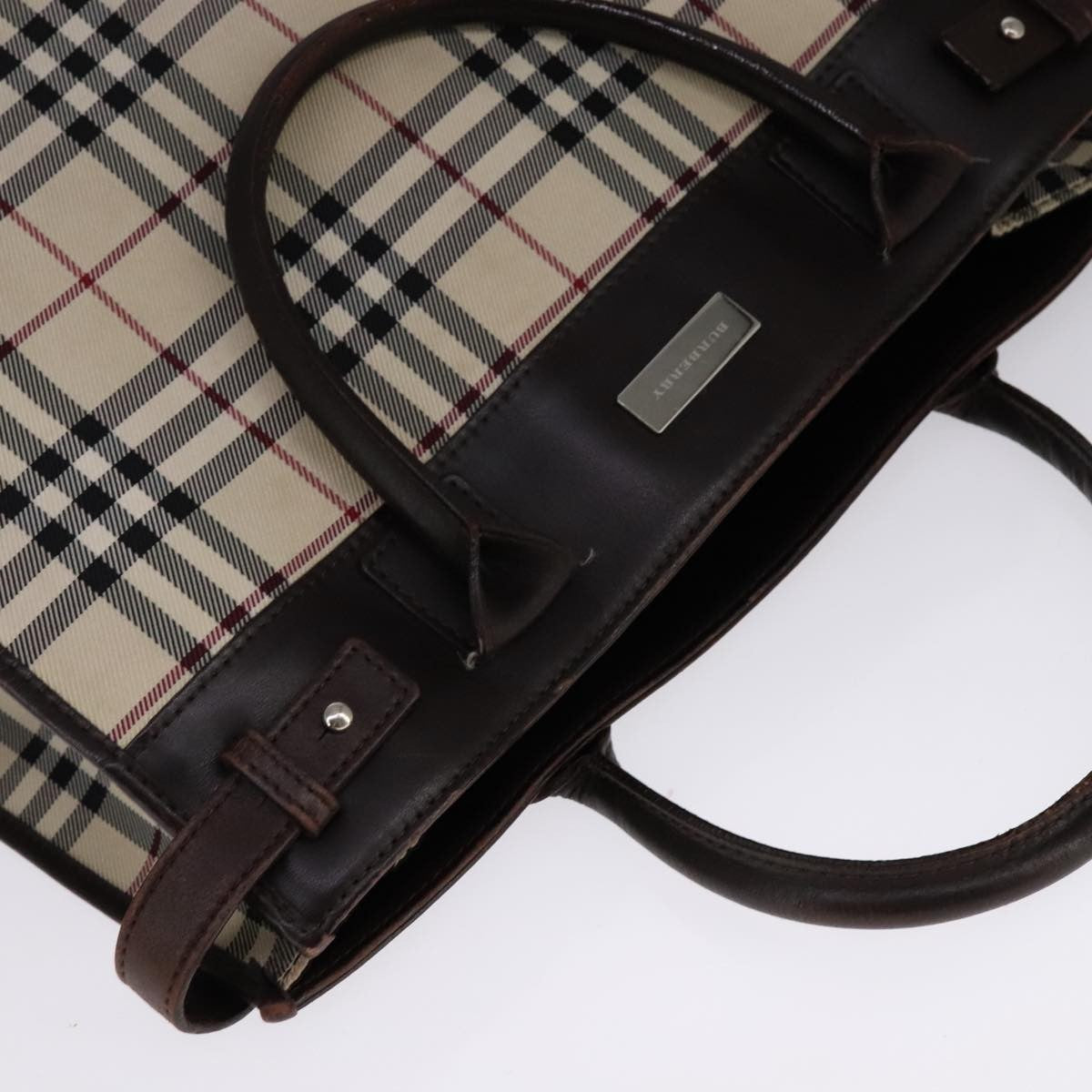 Burberry BURBERRY Nova Check Hand Bag Canvas Leather Beige Brown Silver Authentic 112330