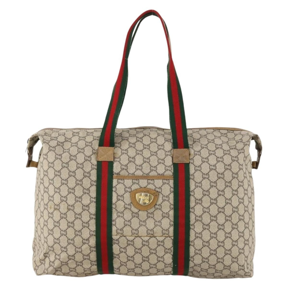 Gucci GUCCI GG Plus Supreme Web Sherry Line Boston Bag PVC Beige Authentic 173664
