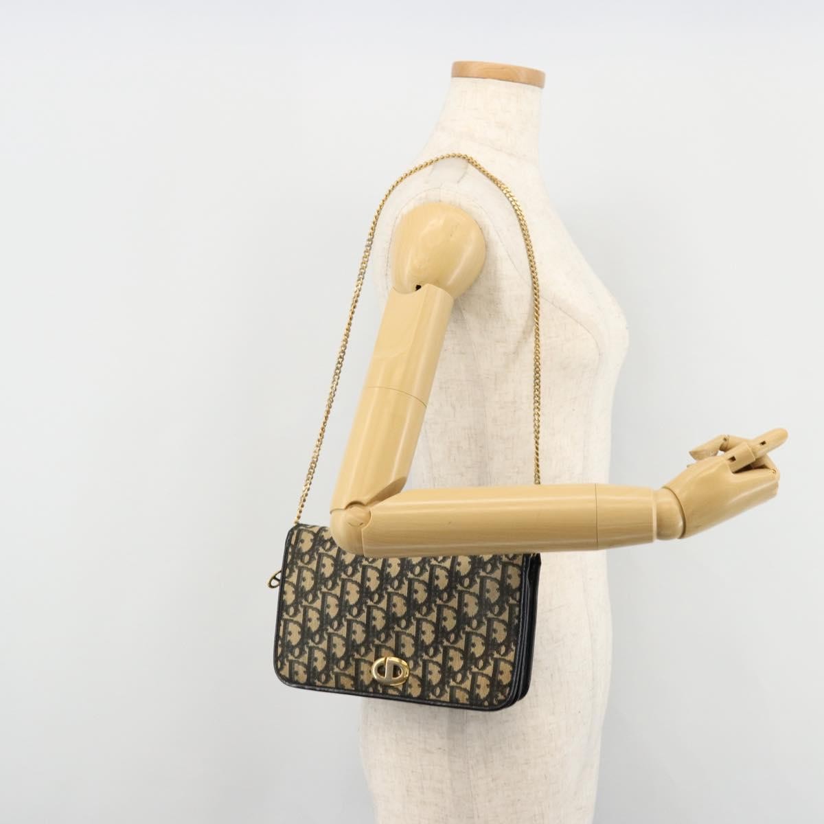Dior Christian Dior Trotter Canvas Chain Shoulder Bag Navy Gold Authentic fm5340