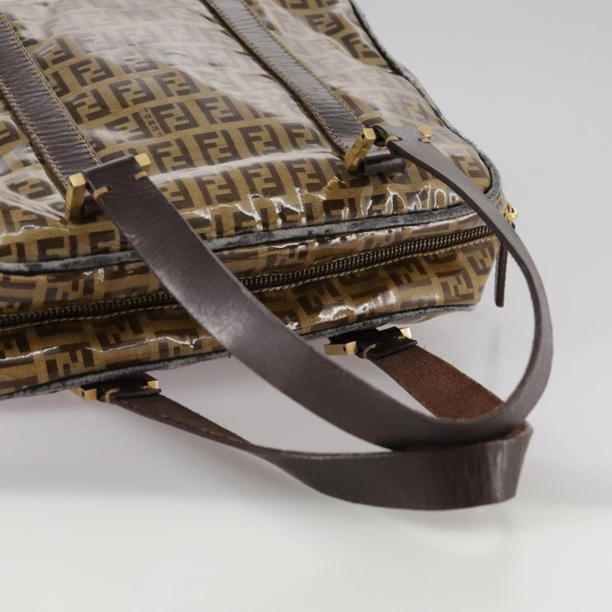 Fendi FENDI Zucchino Canvas Hand Bag Brown Gold Authentic bs21516