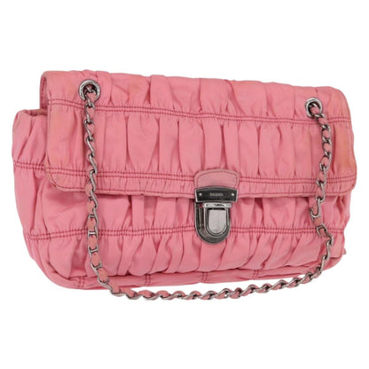 Prada PRADA Gathered Chain Shoulder Bag Nylon Pink Silver Authentic 161419