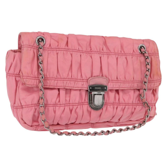 Prada PRADA Gathered Chain Shoulder Bag Nylon Pink Silver Authentic 161419