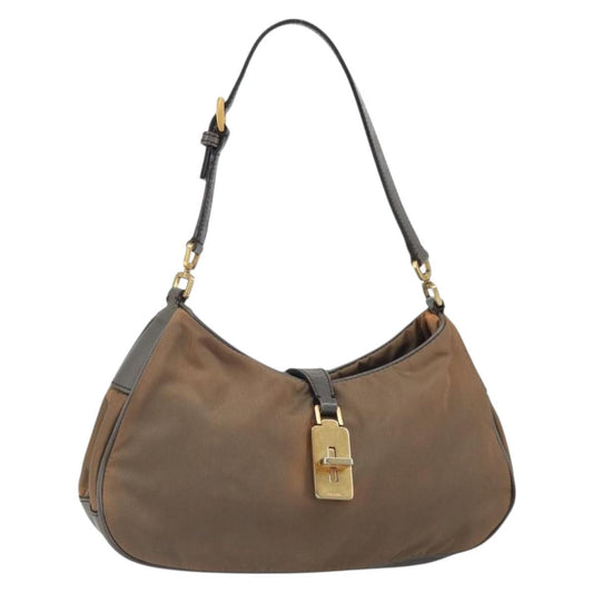 Prada PRADA Hand Bag Nylon Leather Gold Brown Authentic mr1761