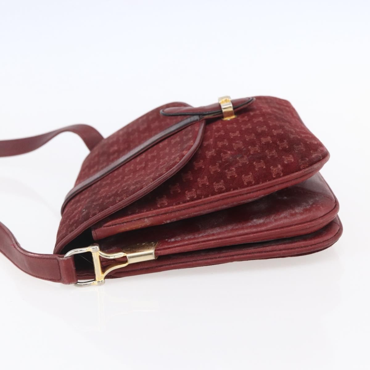 Celine CELINE Macadam Canvas Shoulder Bag Suede Bordeaux Gold Authentic BA7684