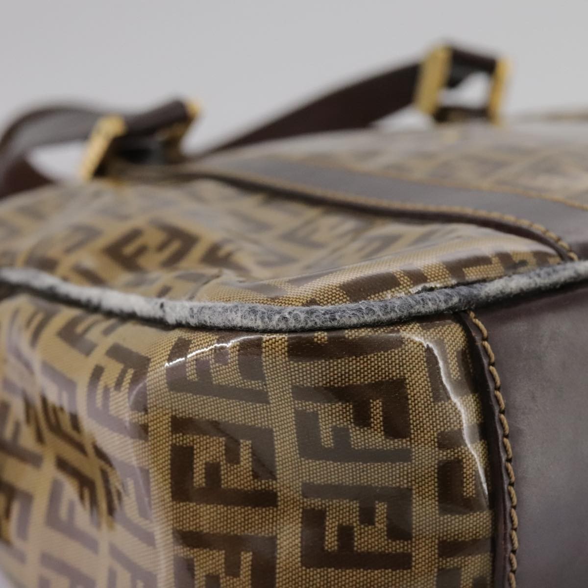 Fendi FENDI Zucchino Canvas Hand Bag Brown Gold Authentic bs21516
