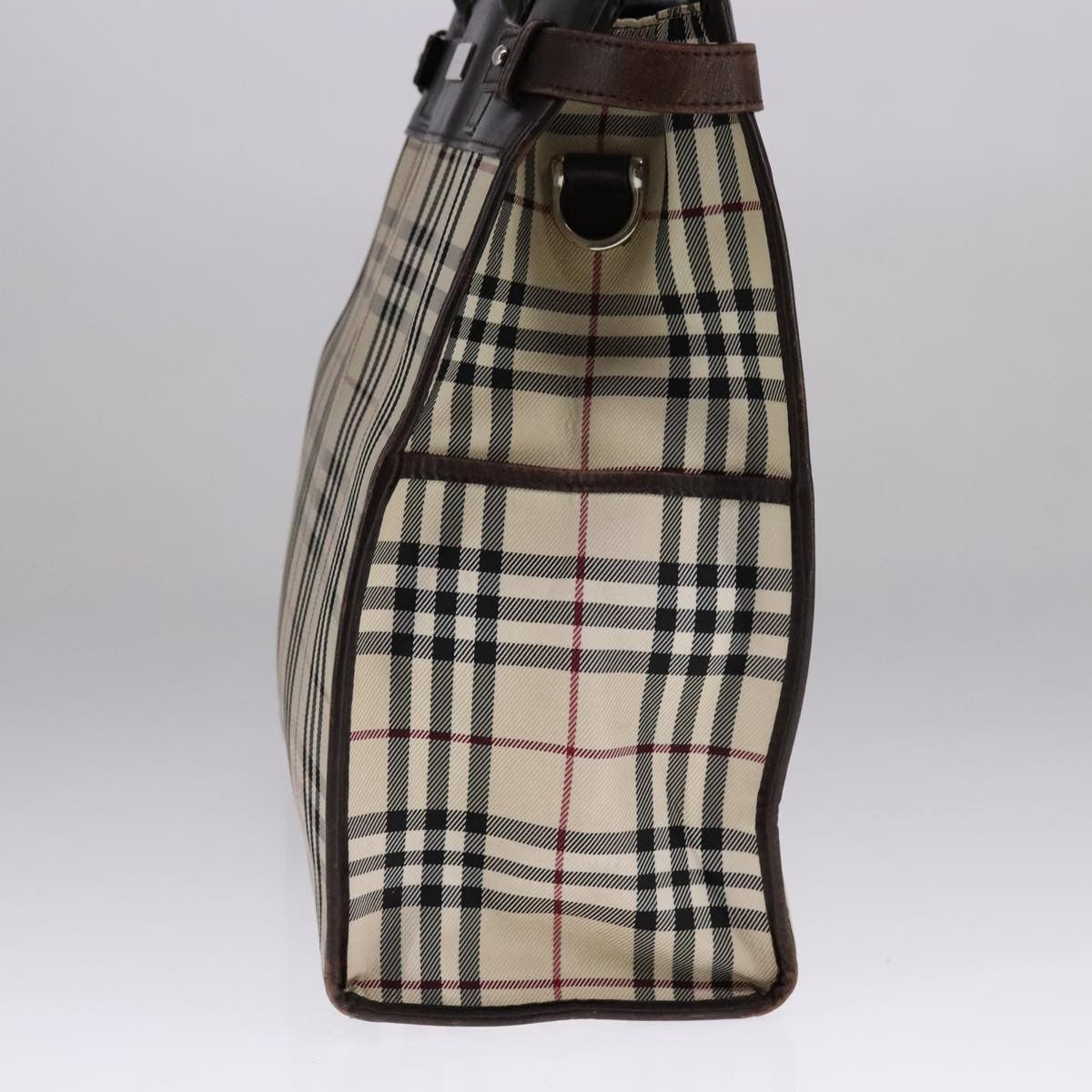 Burberry BURBERRY Nova Check Hand Bag Canvas Leather Beige Brown Silver Authentic 112330