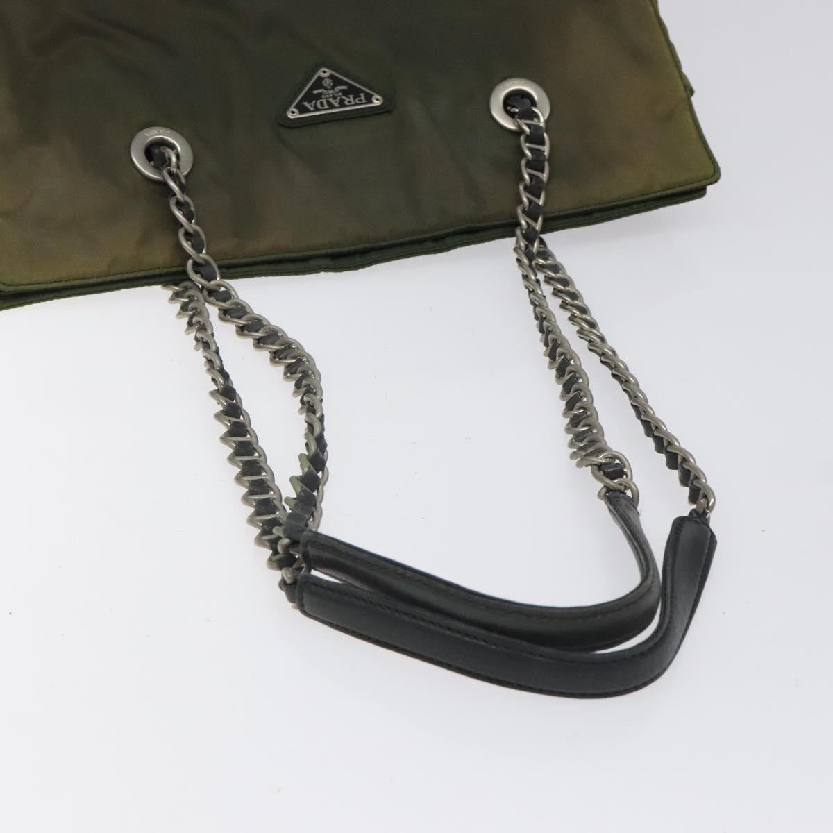 Prada PRADA Chain Shoulder Bag Nylon Khaki Silver Authentic 120140