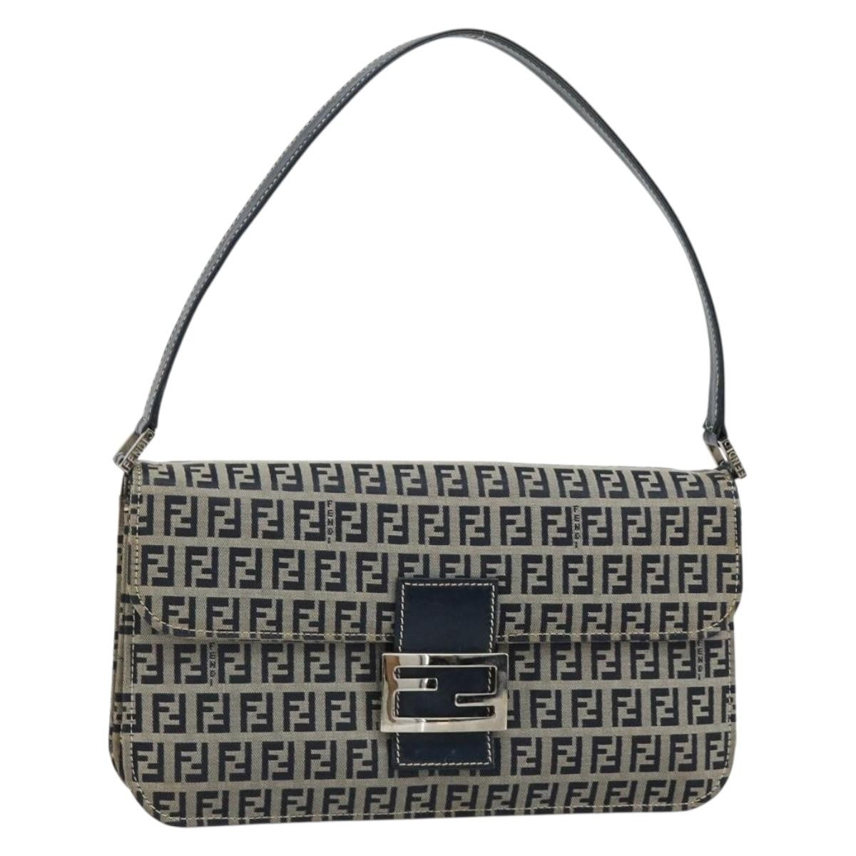 Fendi FENDI Zucchino Canvas Shoulder Bag Navy Silver Authentic 182201V
