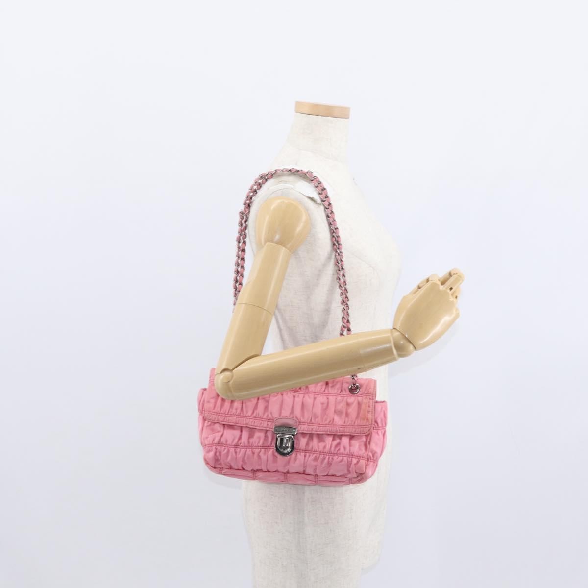 Prada PRADA Gathered Chain Shoulder Bag Nylon Pink Silver Authentic 161419