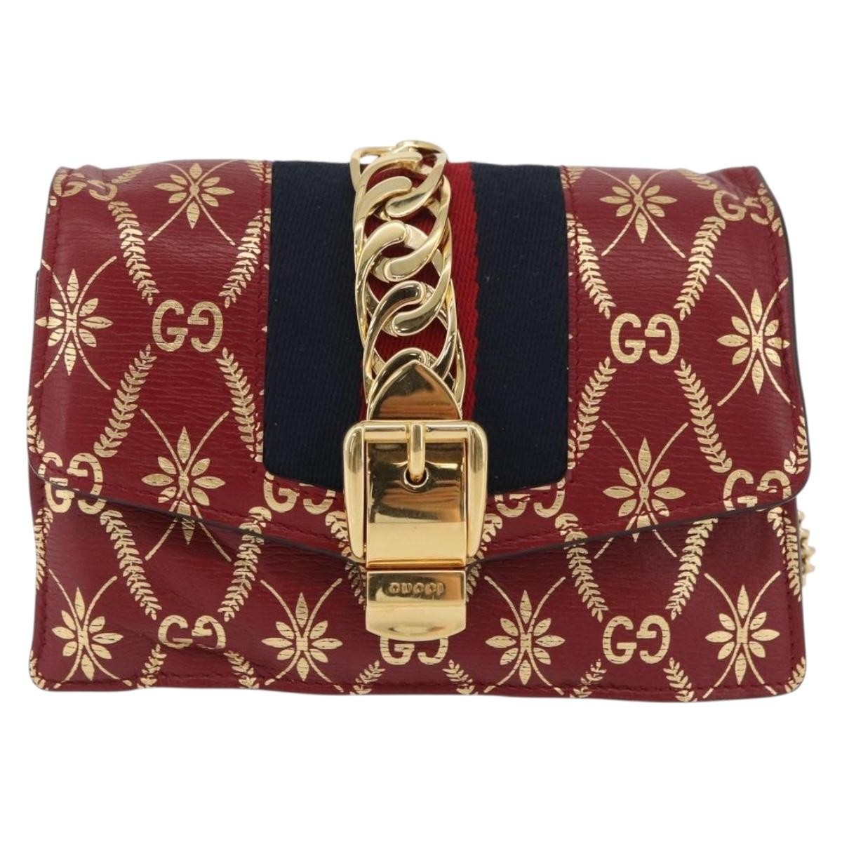Gucci GUCCI GG Canvas Sylvie Sherry Line Chain Bag Leather Red 494646 Authentic BAZ806A