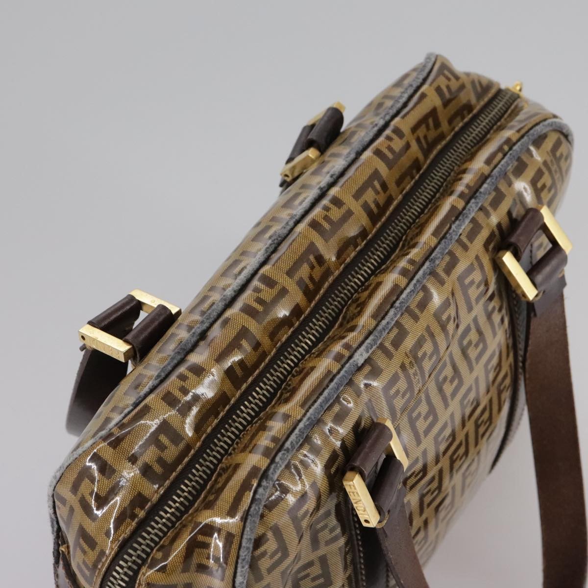 Fendi FENDI Zucchino Canvas Hand Bag Brown Gold Authentic bs21516