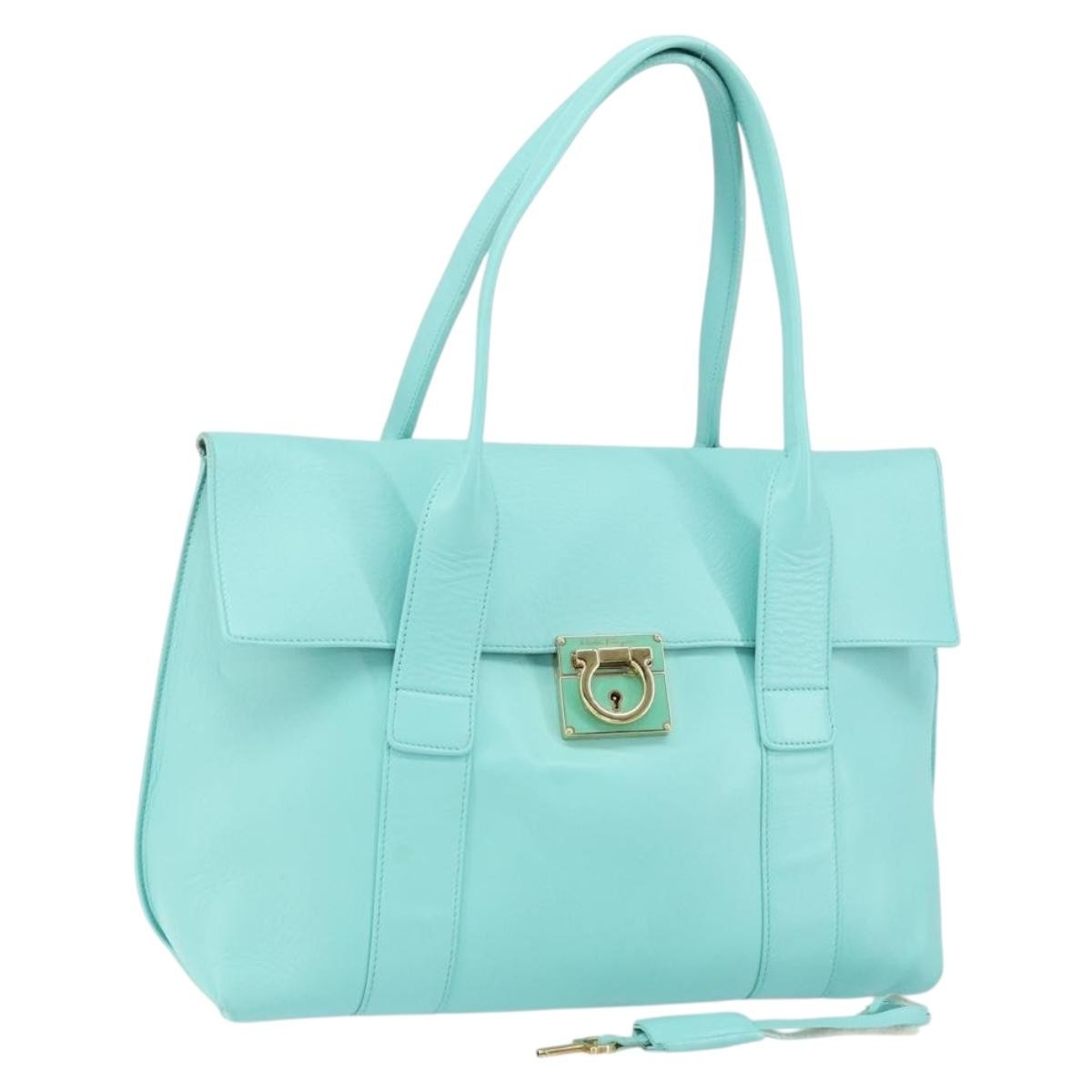 Salvatore Ferragamo Salvatore Ferragamo Gancini Hand Bag Leather Turquoise Blue Gold Authentic 150296