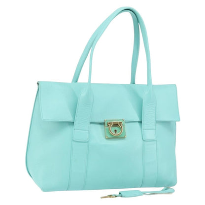 Salvatore Ferragamo Salvatore Ferragamo Gancini Hand Bag Leather Turquoise Blue Gold Authentic 150296