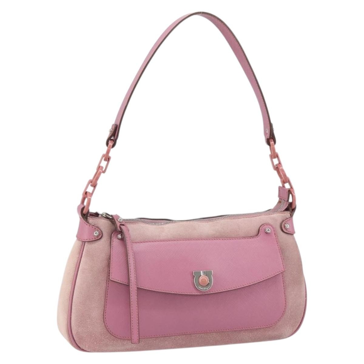 Salvatore Ferragamo Salvatore Ferragamo Gancini Shoulder Bag Suede Pink Silver Authentic 166453