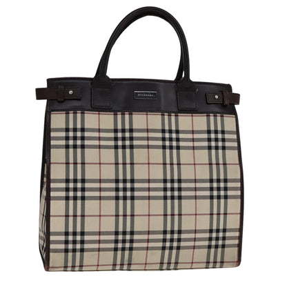 Burberry BURBERRY Nova Check Hand Bag Canvas Leather Beige Brown Silver Authentic 112330