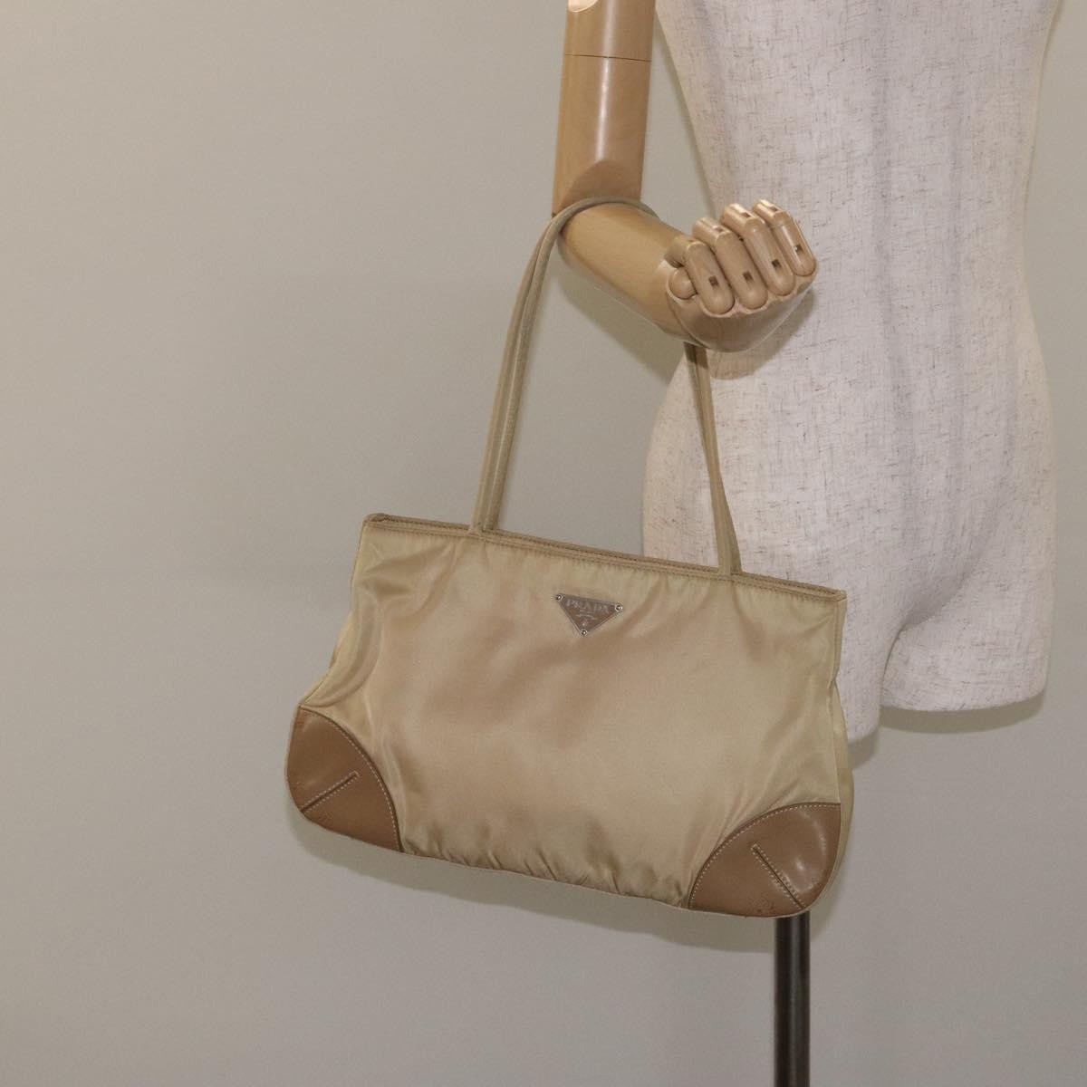 Prada PRADA Tote Bag Nylon Leather Beige Silver Authentic 129939