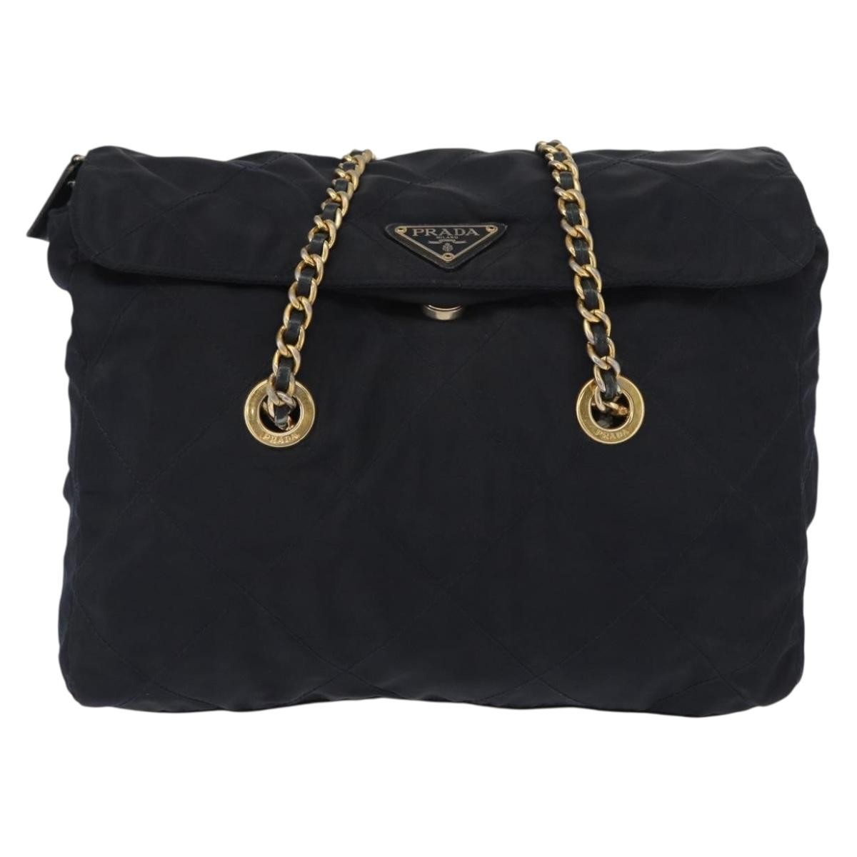 Prada PRADA Chain Shoulder Bag Nylon Navy Gold Authentic ka893
