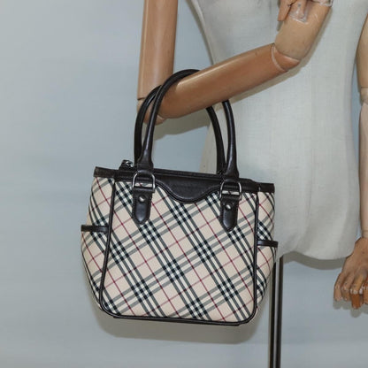 Burberry BURBERRY Nova Check Hand Bag Canvas Beige Silver Authentic ep9645