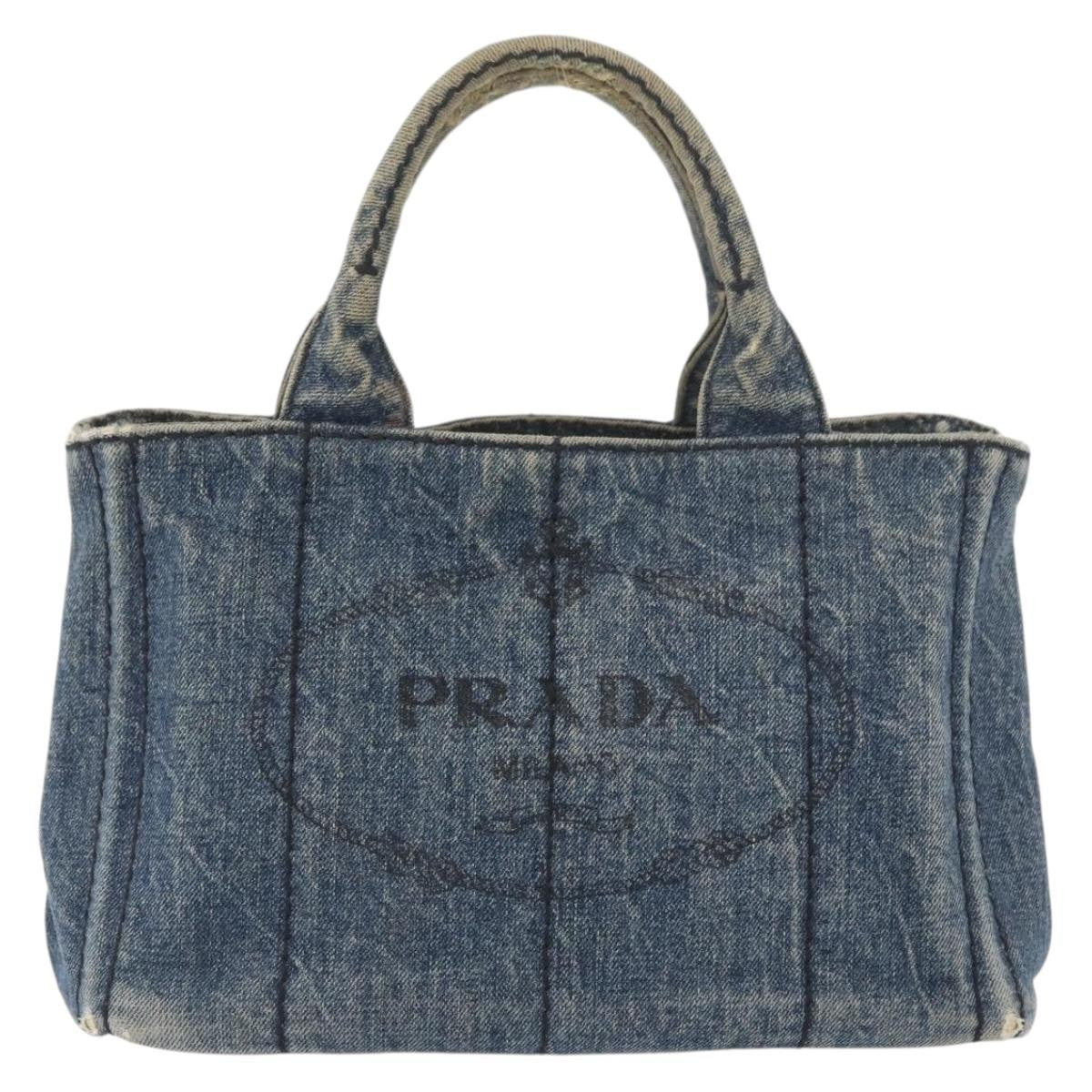 Prada PRADA Canapa PM Hand Bag Denim Blue Gold Authentic bs34435