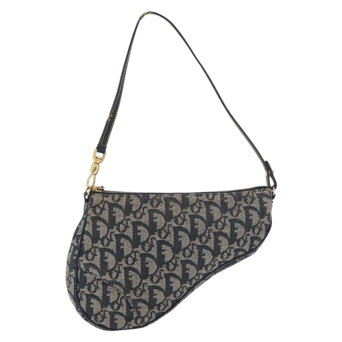 Dior Christian Dior Trotter Canvas Saddle Pouch Hand Bag Navy Gold Authentic bs35277
