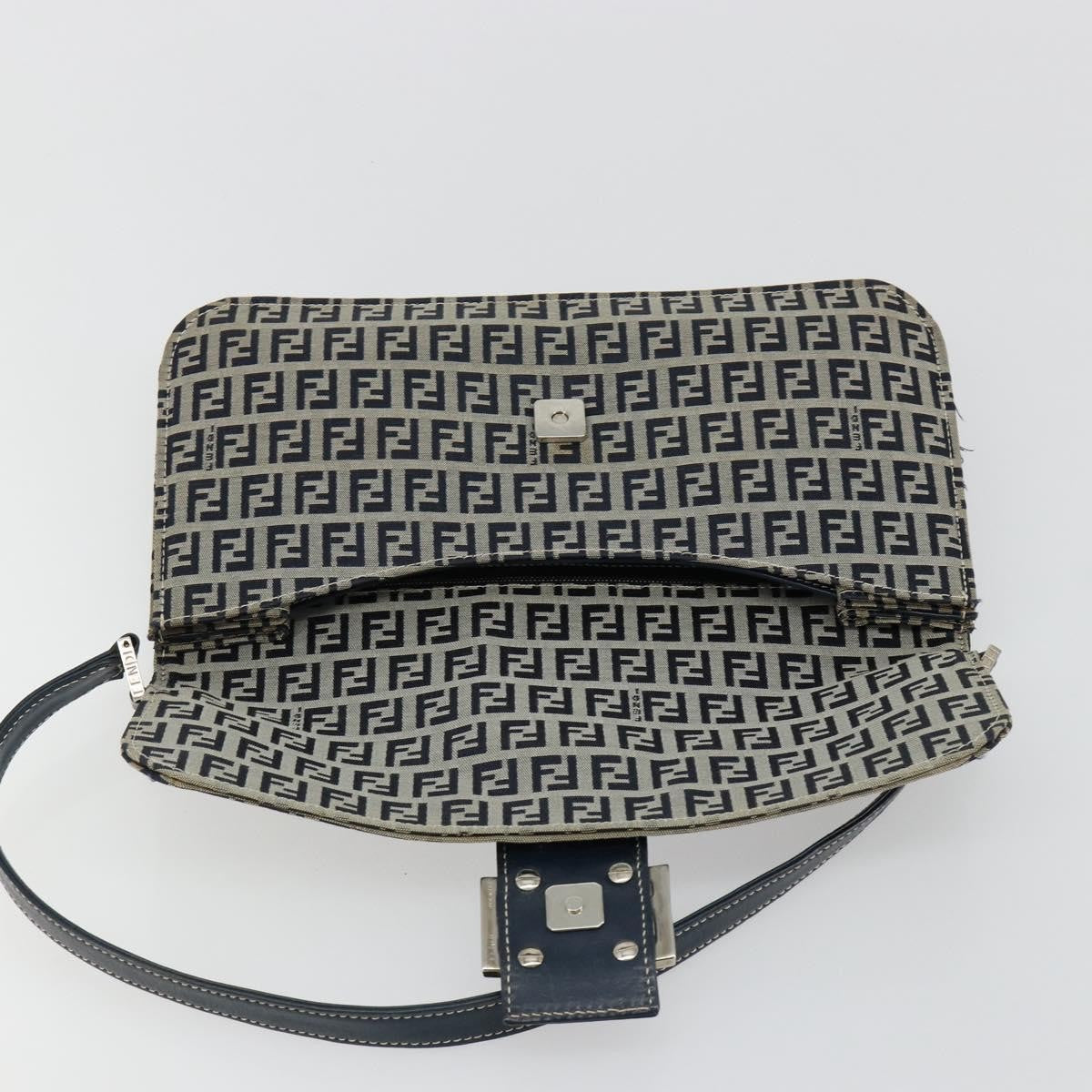 Fendi FENDI Zucchino Canvas Shoulder Bag Navy Silver Authentic 182201V