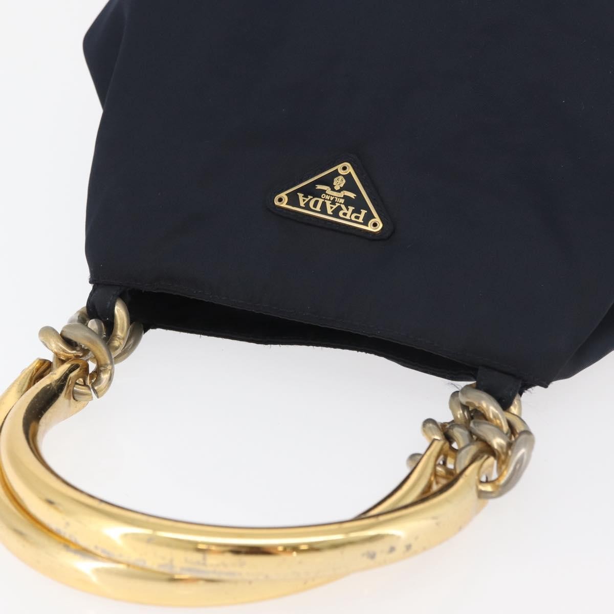 Prada PRADA Metal Handle Hand Bag Nylon Navy Gold Authentic 178739